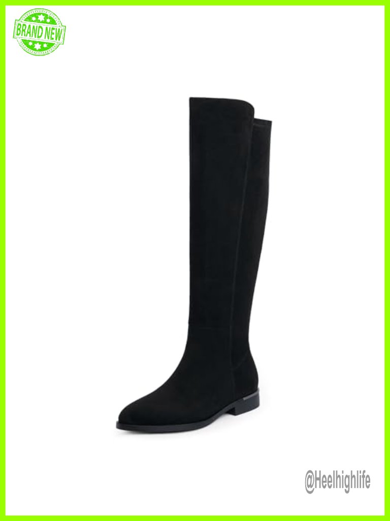 Rounded Toe Flat Stretchy Dress Knee High Boots Side Zipper Elastic Suede Low